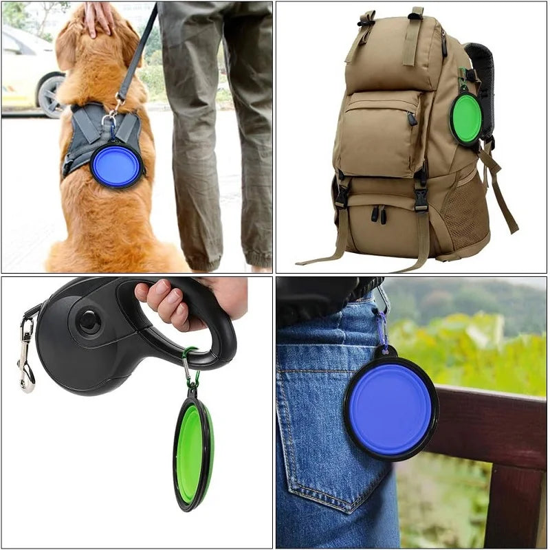 Folding Portable Silicone Dog Feeder Bowl 2 in 1 Pet Dispenser Outdoor Travel Dog Cat with Carabiner Bottle Food Water Container